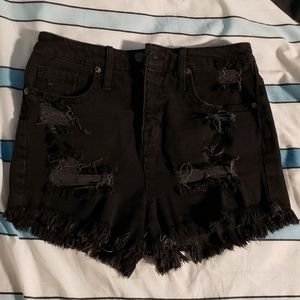 Black Denim High Waisted Destroyed Shorts
